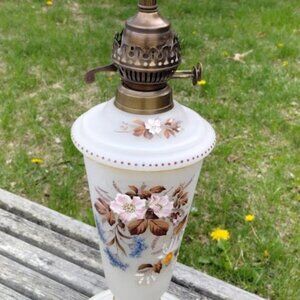 Vintage Milk Glass Lamp with Raised Floral Design – Hand-Painted Table Lamp